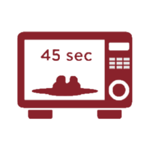Icon of a red microwave with a digital display showing '45 sec' and a stylized image of a dish inside on a green background.
